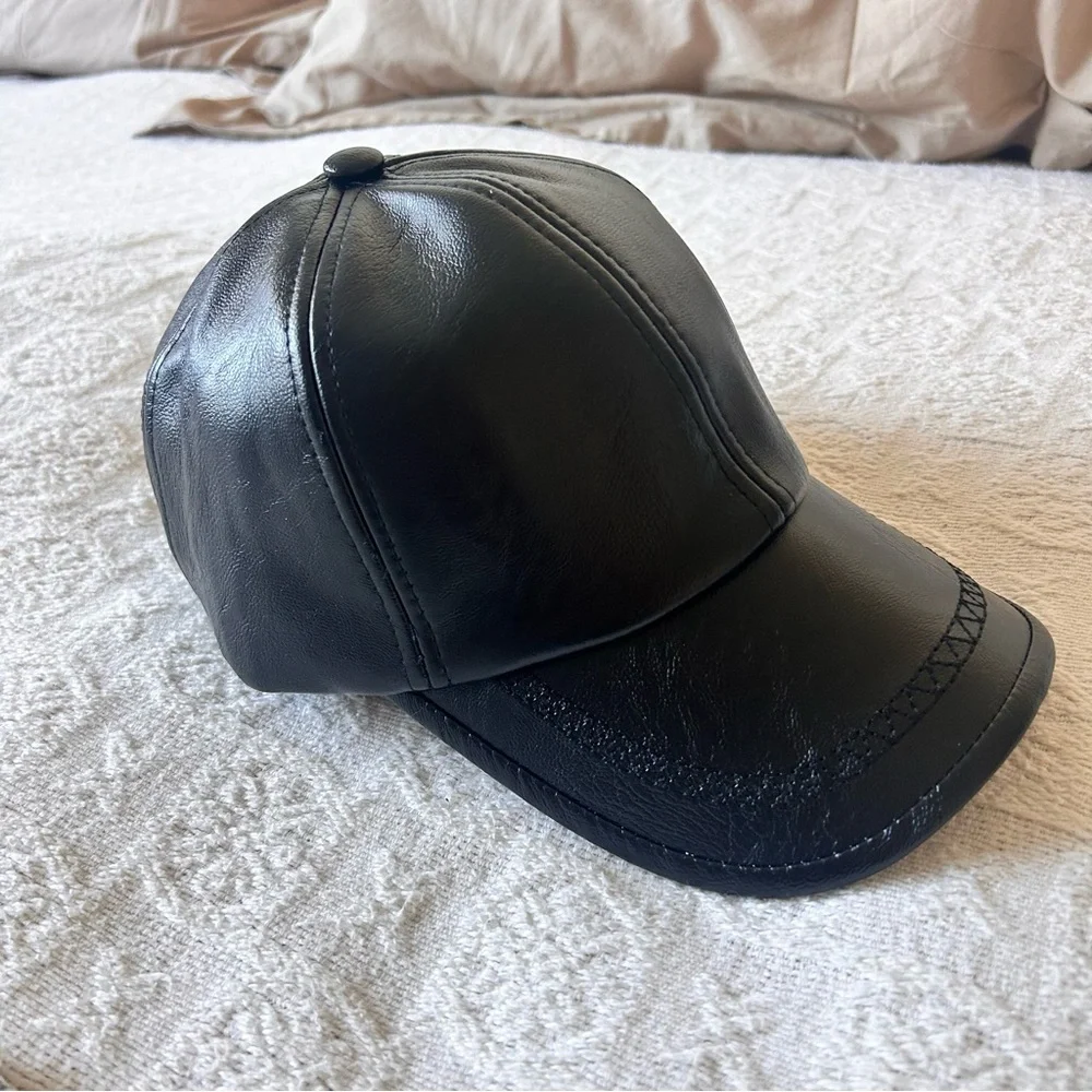 Black PU Leather Cap baseball hat adjustable NEW! Never worn OS